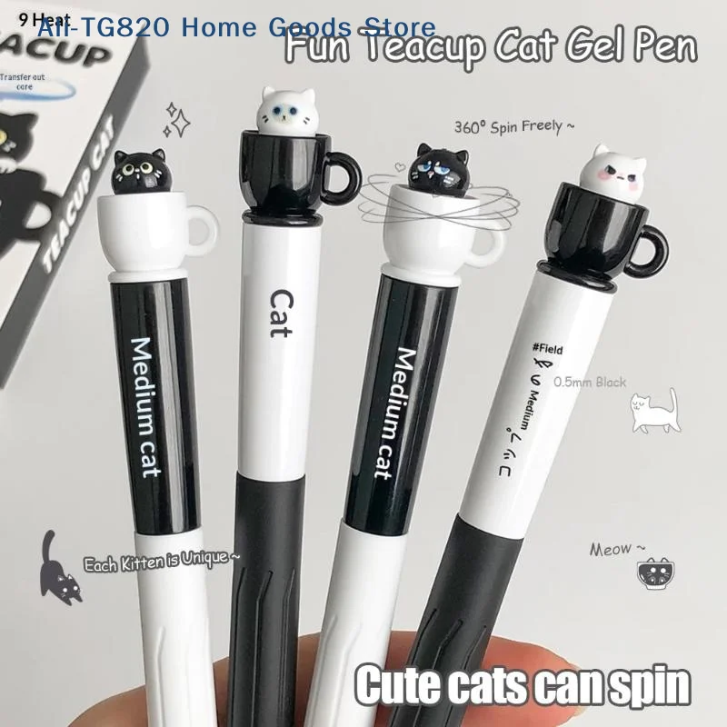 [TG820]Cute Teacup Cat Gel Pens 0.5mm Fun Animal Quick Dry Pen Creative Rotating Cat Pocket Pen For School & Office Use