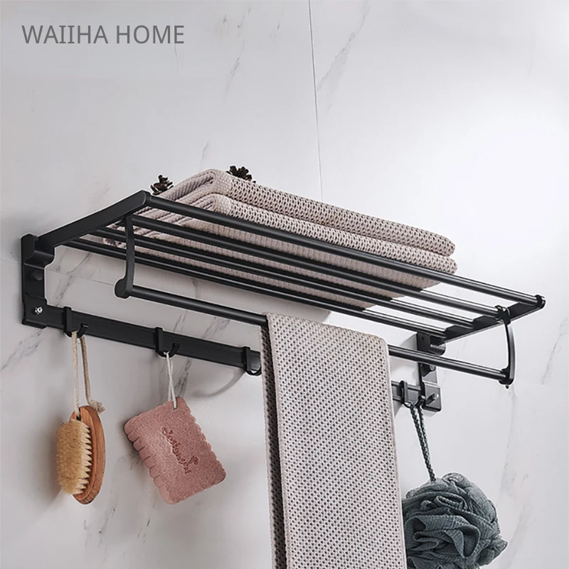 

Towel Hanger Bar Bathroom Shelves Aluminum Toilet Room Holder Wall Mounted Folding Storage Shelf Restroom Rack Hook Accessories