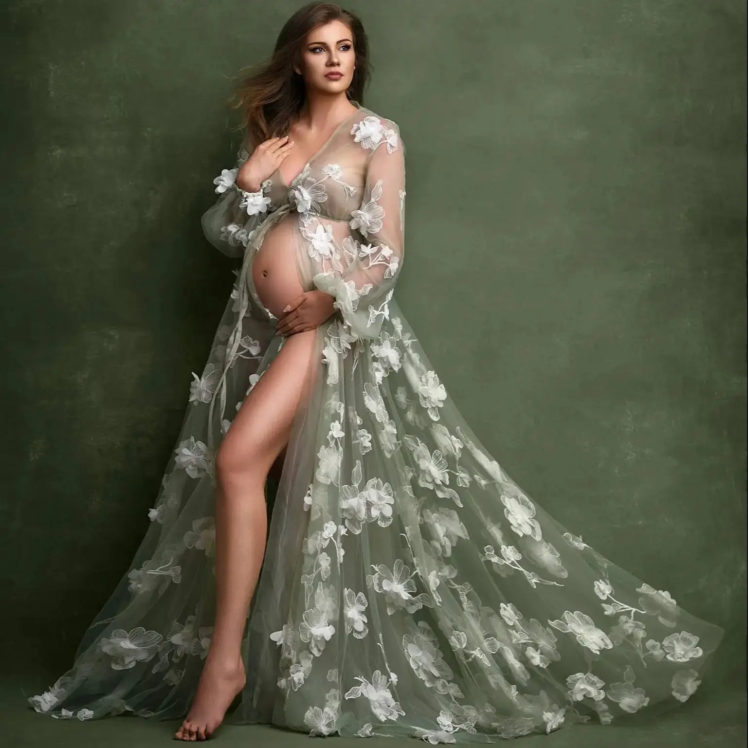 Sage Green Maternity Dresses for Photo Illusion A Line Prom Gowns Appliques Customized Slit Babyshower Gowns
