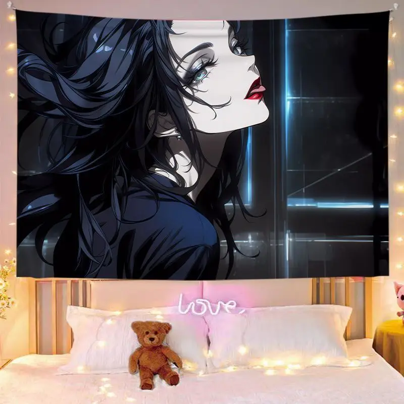 VIKAMA Black White Line Drawing Anime Girl Bangs Tapestry Home Art Piece Wall Decor Bedroom Dorm Gothic Cool Soft Durable Cozy
