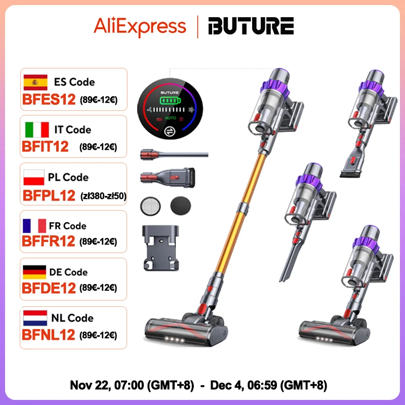 BUTURE 500W 48Kpa Suction Power Handheld Cordless Wireless Vacuum Cleaner for Home Appliance 1.5L Dust Cup Removable Battery