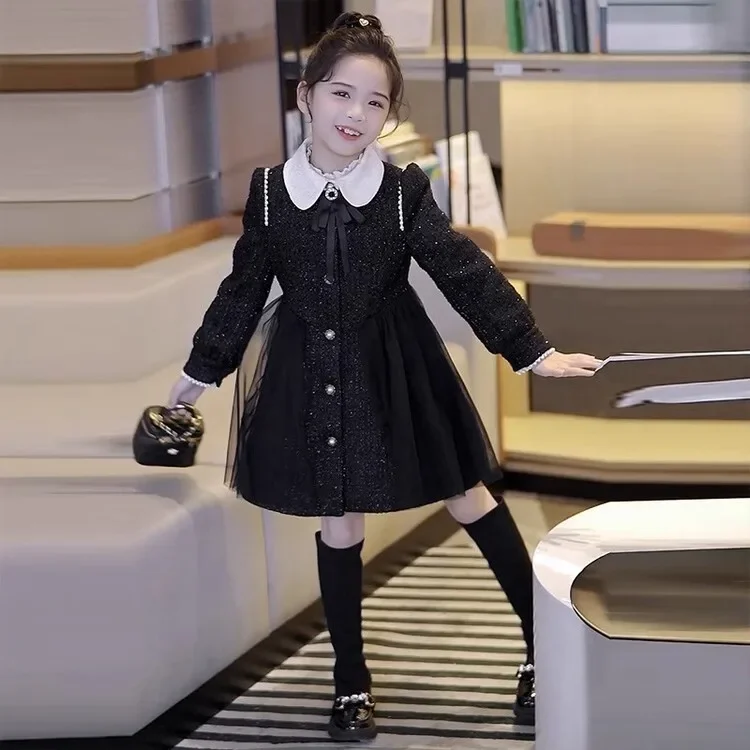 Girls Small Fragrant Style Dress Autumn Children 2024 New Baby Patchwork Mesh Fashion Dress Children Clothing Spring and Autumn