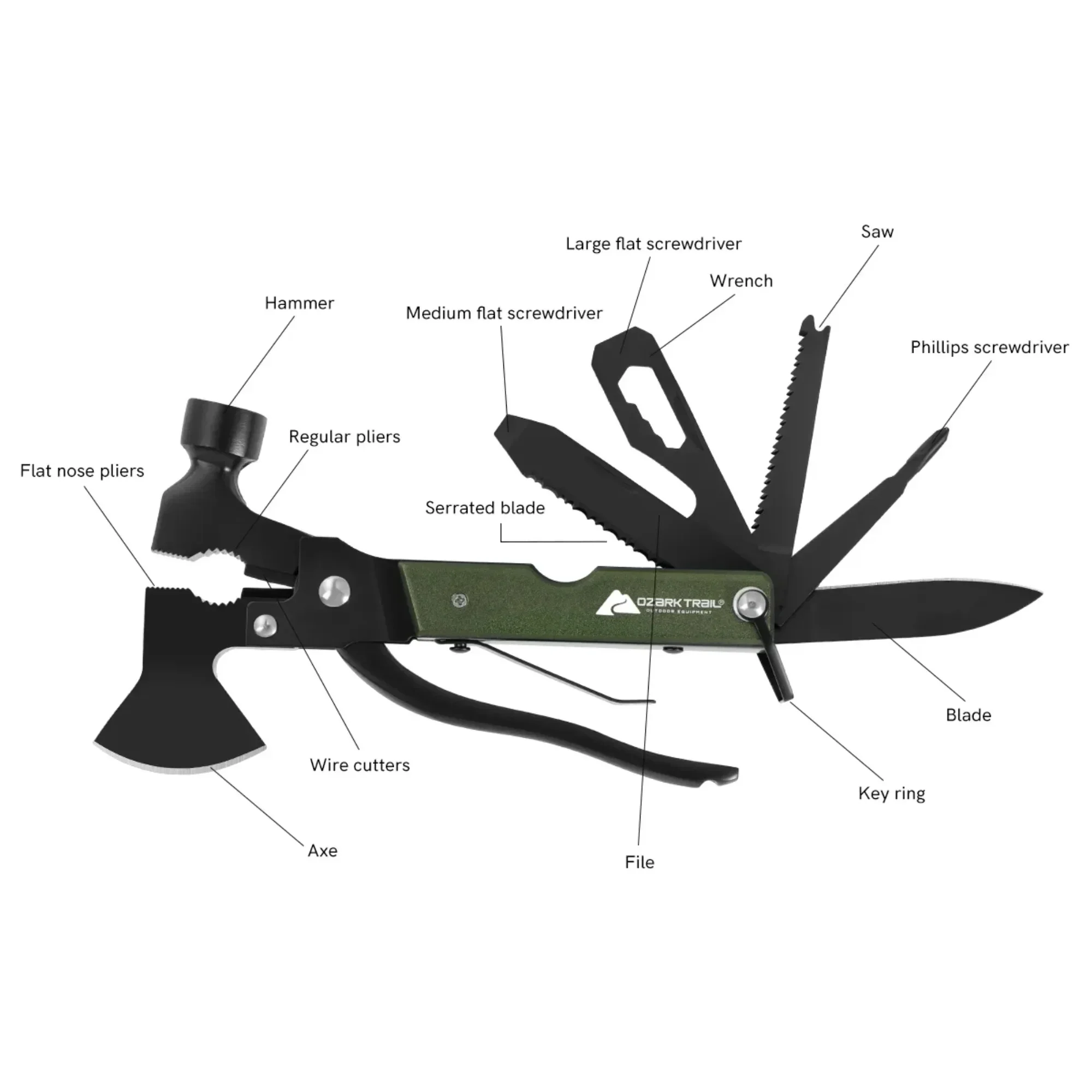 Ozark Trail Ferramenta de sobrevivência multifuncional 19 em 1 de 6,3 polegadas, alça de alumínio, equipamento de acampamento com martelo