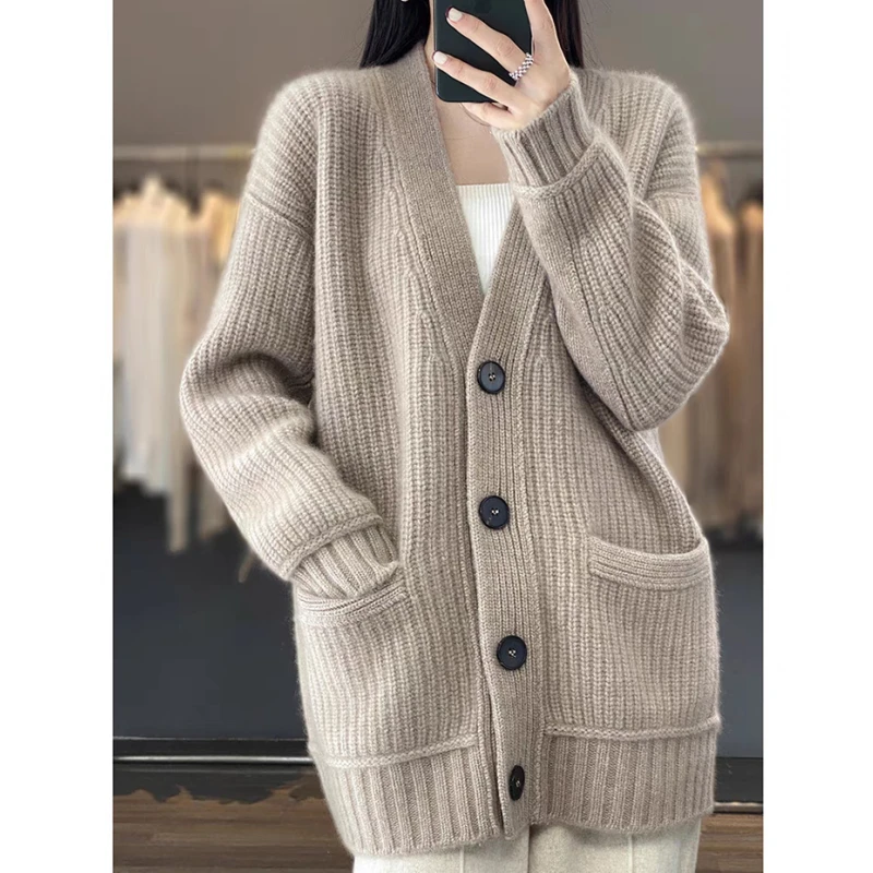 

Winter V-neck Cardigan Women Sweater Loose Long Sleeve Casual Knitted Top Autumn Fashion Office Solid Pockets Coats