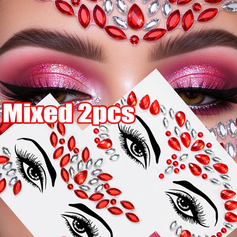2Pcs/Kit Christmas Red Diamond Face Stickers Mixed Red Crystal Eye Face Jewel Rhinestone Slider Festival Face Sparkly Gem Slider