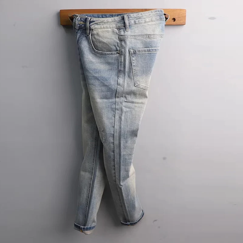 

Fashionable new light blue men's jeans, washed with water, nostalgic stretch, slim fit, retro jeans, designer pants, hombre