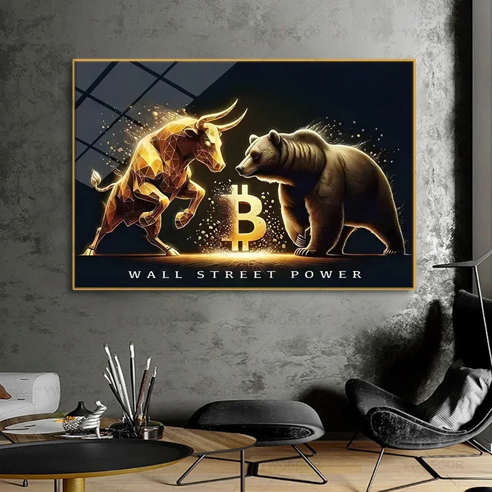 Obra de arte de Bitcoin, pintura en lienzo de animales de oso Toro, carteles de motivación de mercado, impresión abstracta, arte de pared, decoración del hogar de oficina