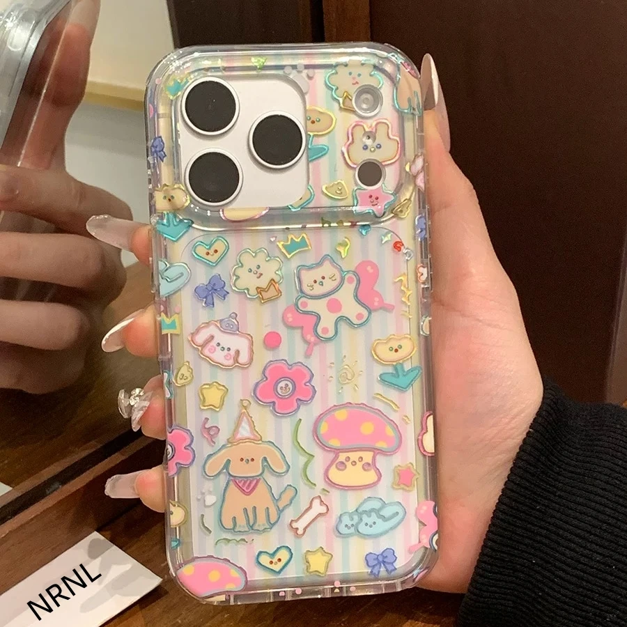 Funda de teléfono linda de animal de dibujos animados para iPhone 17 Pro Max 16 15 14 13 12, cubierta transparente kawaii de hongo y flor con correa de muñeca 2