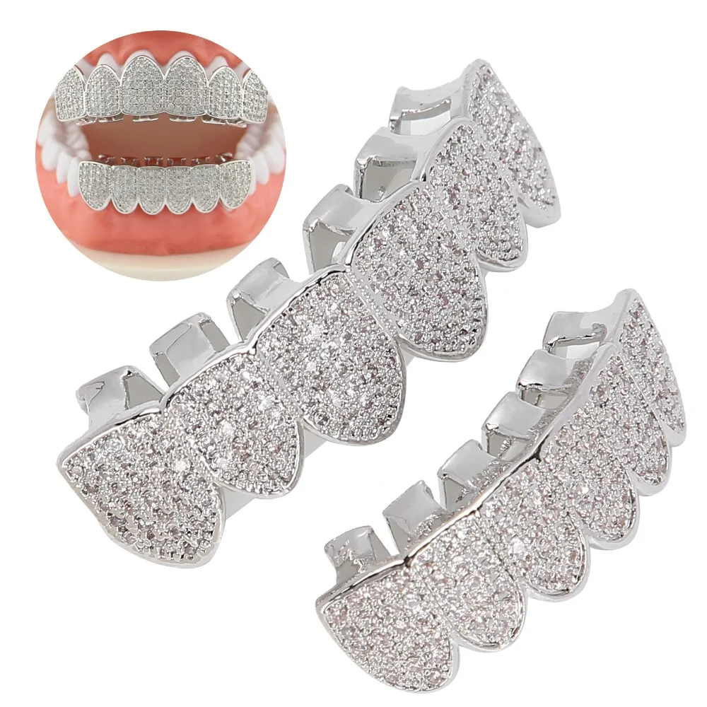 Cold Bling Teeth Decoration Silver Top Bottom Mouth Hip Hop Teeth Set Unisex Gold Dental Fashion Jewelry For Halloween Party