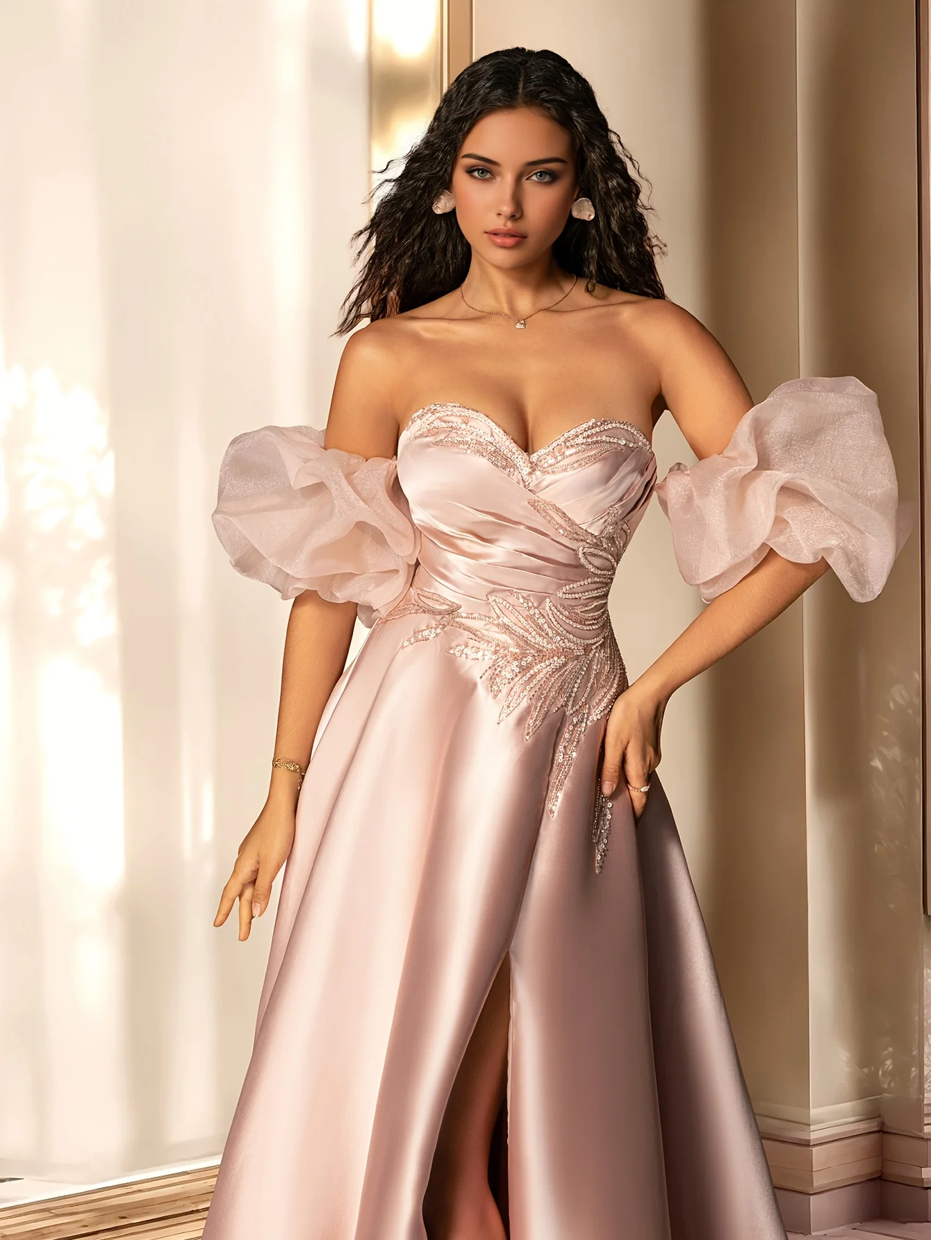 

2025 Latest Women's Pink Off Shoulder Bubble Sleeves High Split Lace Cut Evening Dress Customizable For Formal Wear