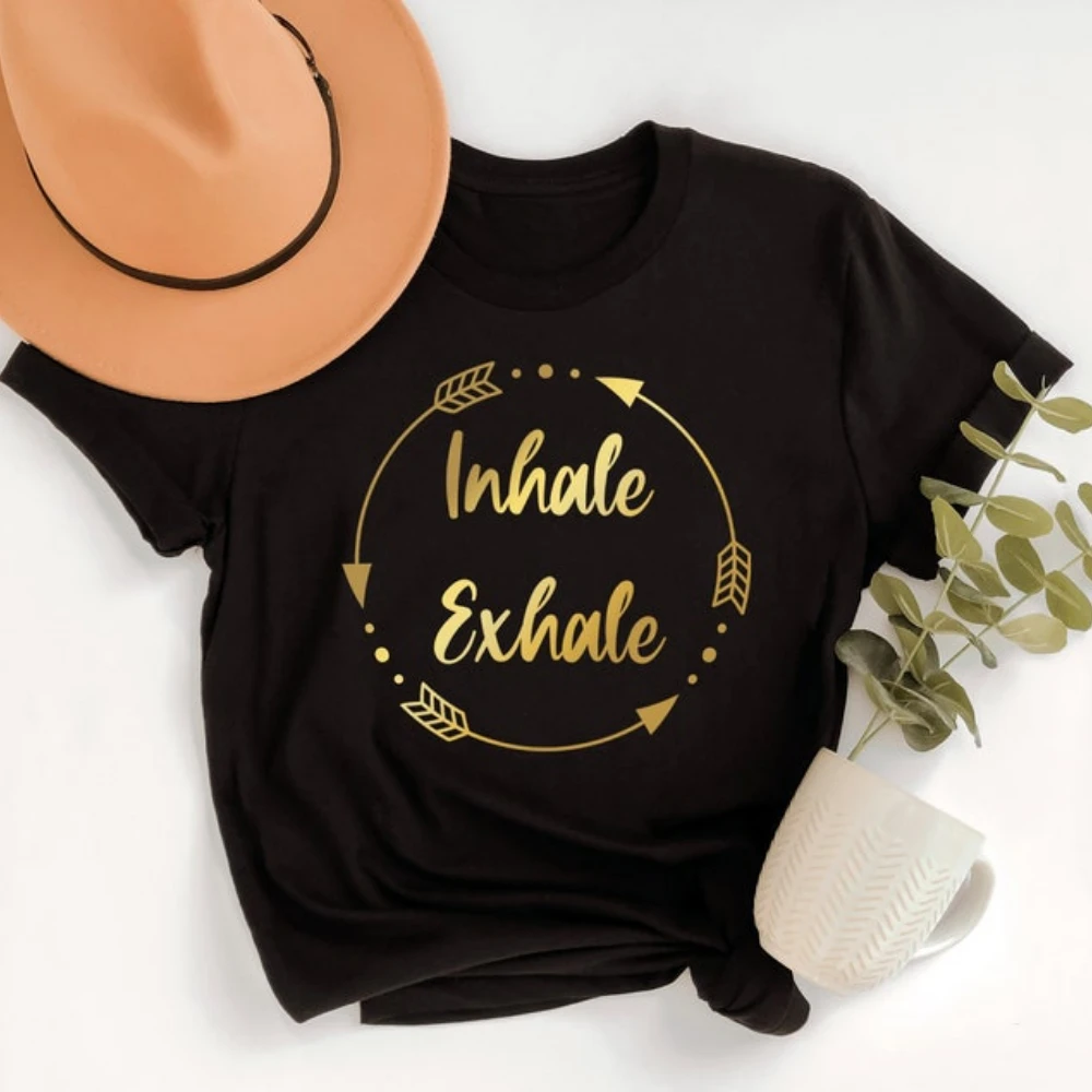 Inhale Exhale Yoga Meditation Shirt Mindfulness Breathe in Breathe Out Hort-sleeve Round Neck Regular Fit Breathable Camisetas