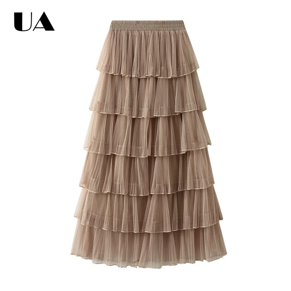 ULBYANRY Tiered Mesh 92cm Long Skirt for Women Spring Autumn Skirts, Fairy Elastic Waist Skirt Many Colors Avaliable