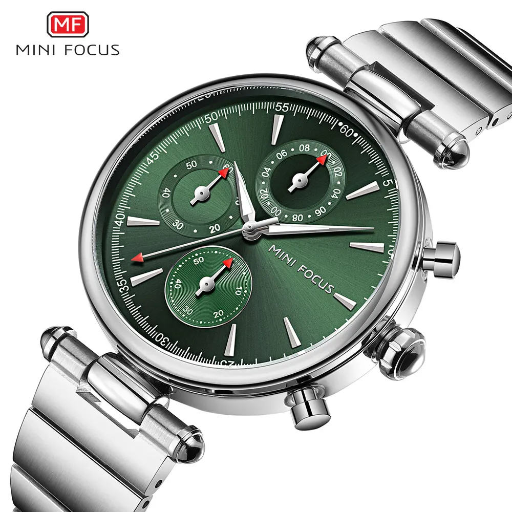 MINI FOCUS Stainless Steel Strap Quartz Watch for Women Fashion Waterproof Dress Wristwatch with Chronograph Green Dial 0494