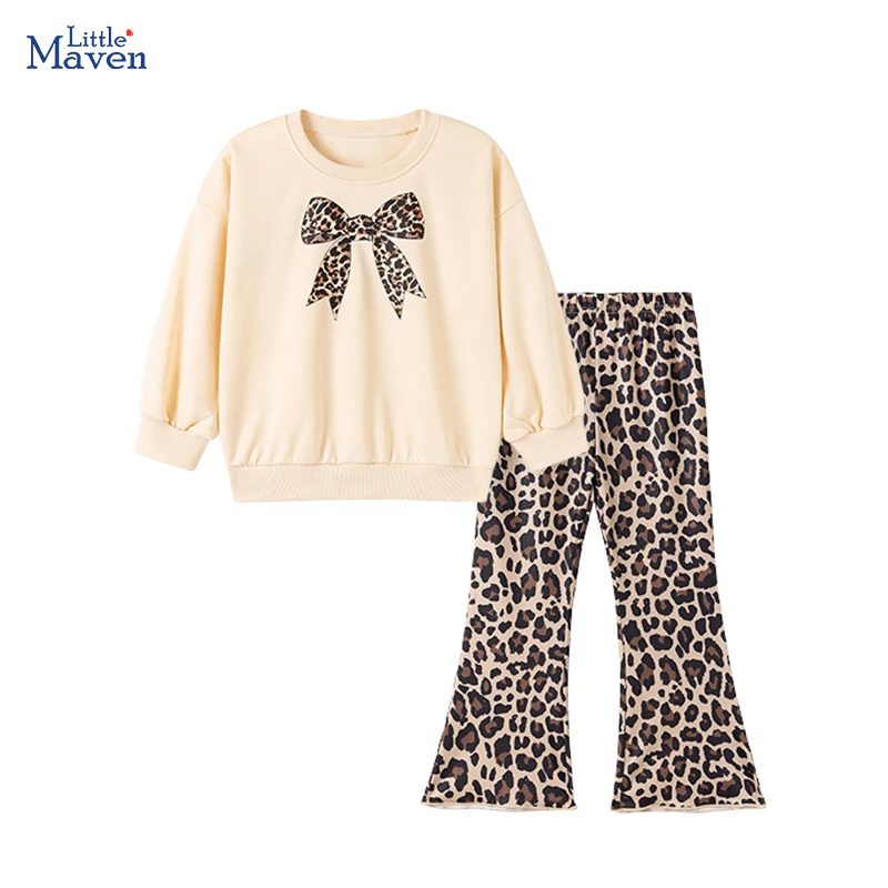 Little Maven Kinderkleidung für Kleinkinder, Mädchen, 2025, Herbst, Frühling, Kinderkleidungsset, Cartoon-Leopard, Schleife, Oberteil + Hose, Sets