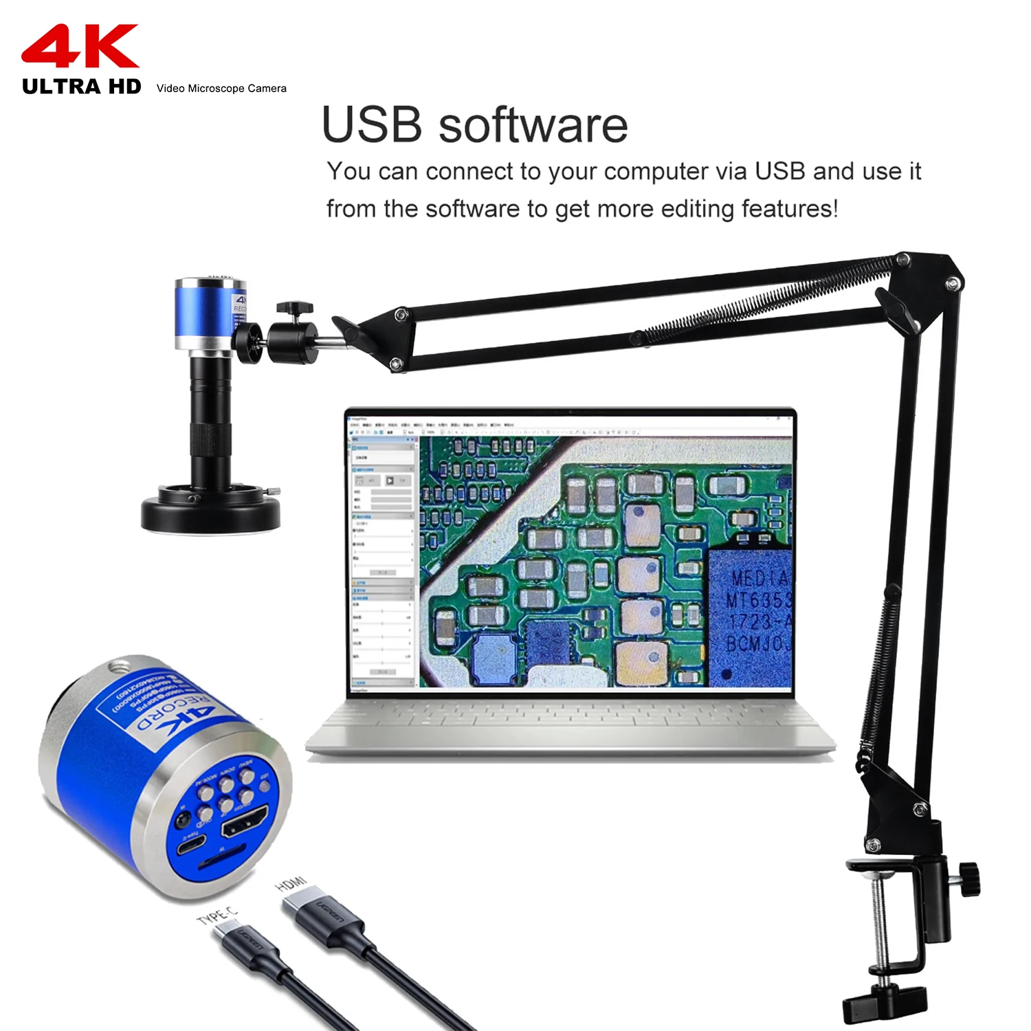 YIZHAN 4K Digital Microscope For Electronic Soldering Coin Microscope 48MP 60FPS Camera HDMI USB 150x Lens Bracket Windows Mac