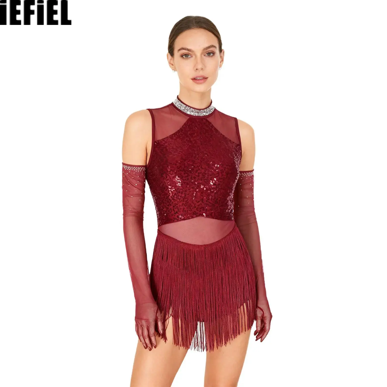 

Womens Sequins Dance Dress with 1 Pair Gloves for Latin Tango Rumba Cha-Cha Samba Glittery Rhinestone Fringe Collar Mesh Dress