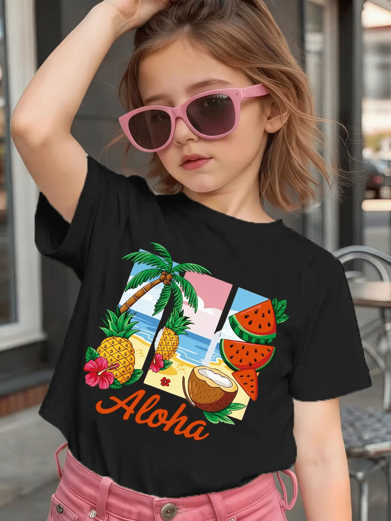 Cute Aloha Tropical Fruit Cartoon Graphic Kids Tee Boys Girls Family Matching Cotton Crew Neck Short Sleeve Soft Summer Tee