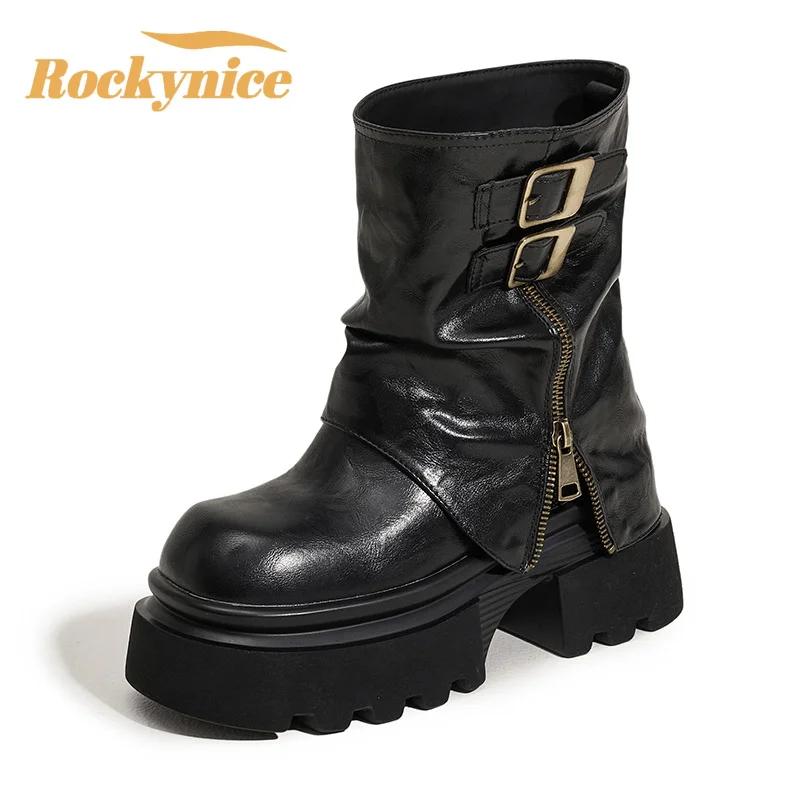 

Обувь для женщин, современные ботинки на высокой платформе 10 см, туфли в стиле панк с пряжкой на ремне, женские кожаные мотоциклетные ботинки на молнии, ботинки до середины икры