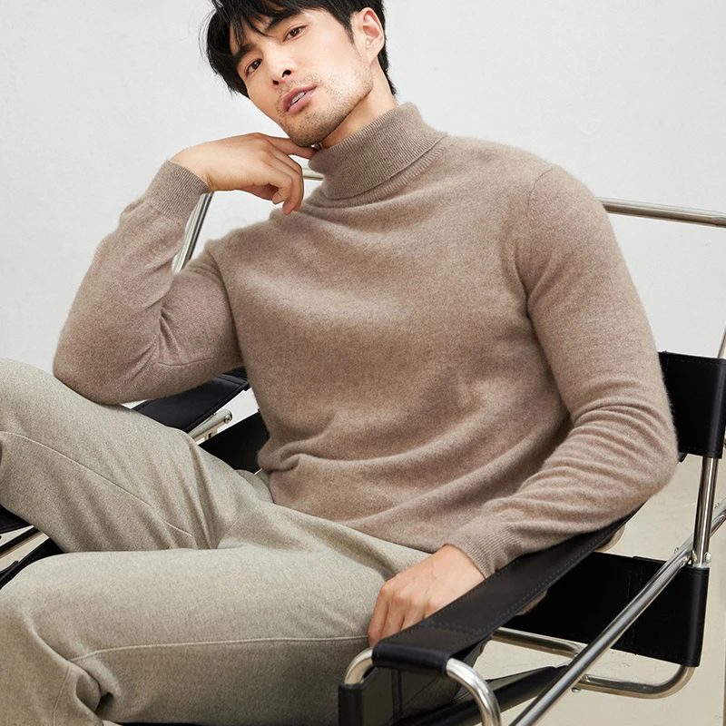 Men's 100% Cashmere High Neck Sweater Casual Autumn Winter Pullover Knitwear for Youth Business Middle-aged Base Layer