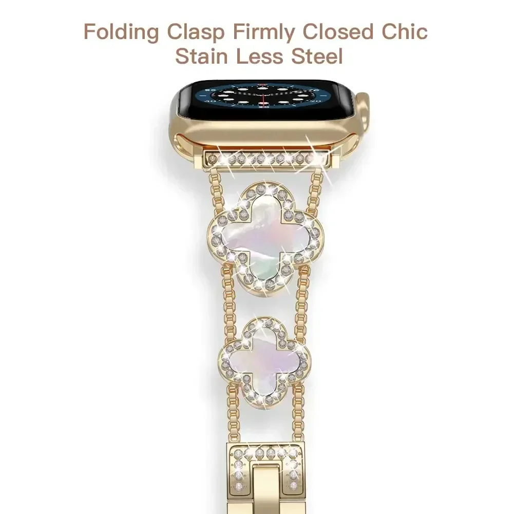 Diamond Four-leaf Clover Metal Strap for Apple Watch Ultra2 Women Band 49/46/45/44/42/41/40/38 Iwatch Series 10 9 8 7 6 Bracelet image 2