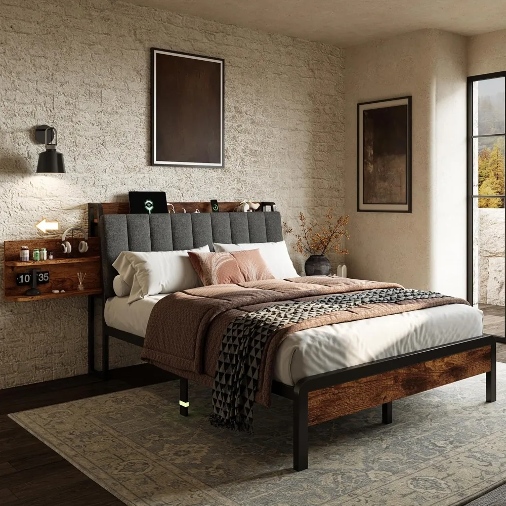 Queen Size Metal Bed Frame with 2-Tier Hidden Storage, Upholstered Platform Bed with Charging Station, Ergonomic Headboard & Hea