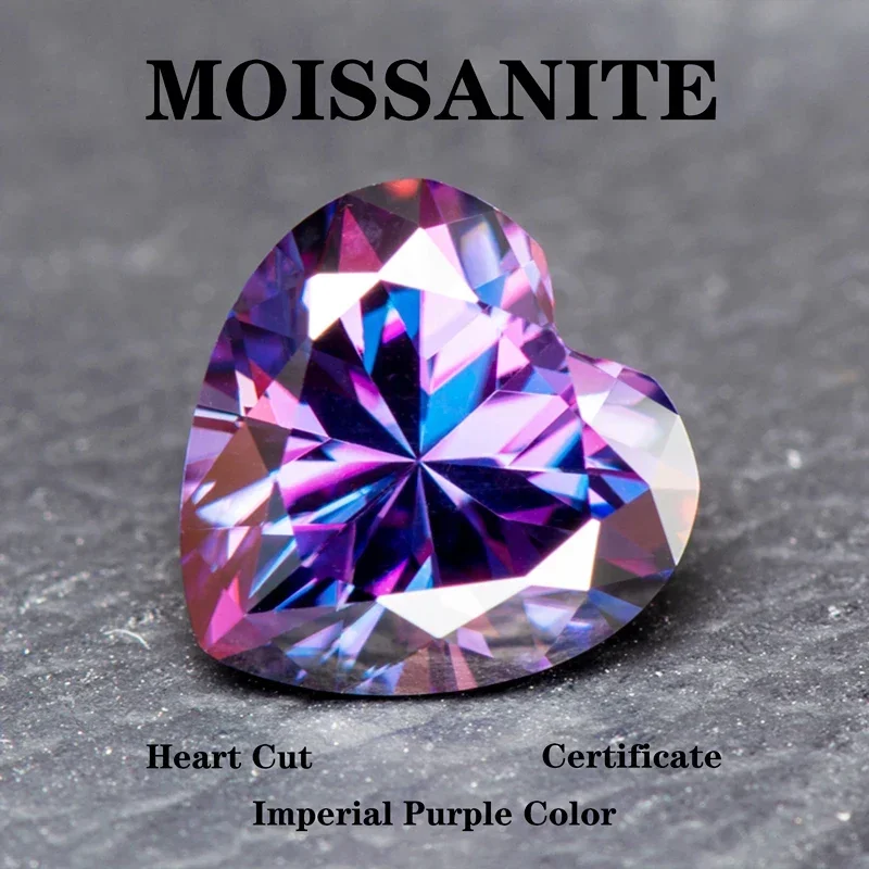 Moissanite Stone Heart Shape Imperial Purple Color Charms Gemstone DIY Advanced Jewelry Rings Earrings Making Certificate