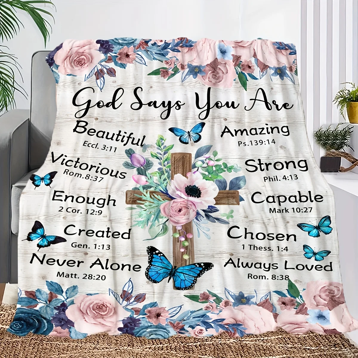 1pc Inspirational Floral Cross Print Blanket - Soft Flannel, All-Season Comfort, Machine Washable, Ideal for Travel, Sofa, Bed,