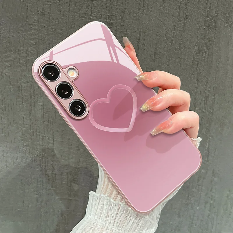 Pink plain circle heart-shaped pattern glass phone case suitable for Samsung GalaxyS26 S25 S24 S22 S21 S20FE/Ultra/Plus antifall