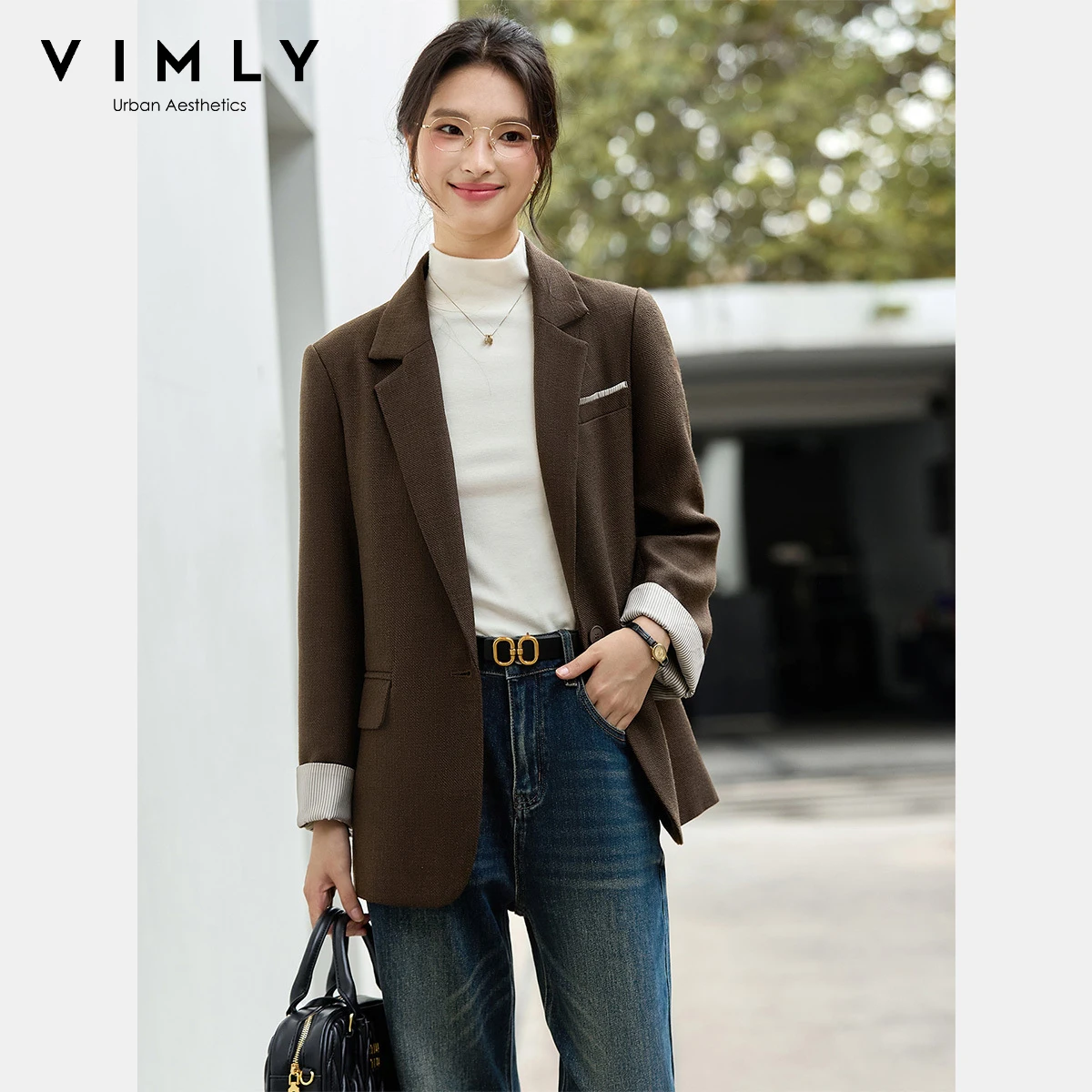 

VIMLY элегантные женские кофейные пиджаки, пальто, офисная одежда, осень 2024, повседневные куртки с длинными рукавами и зубчатыми полосатыми манжетами A2633