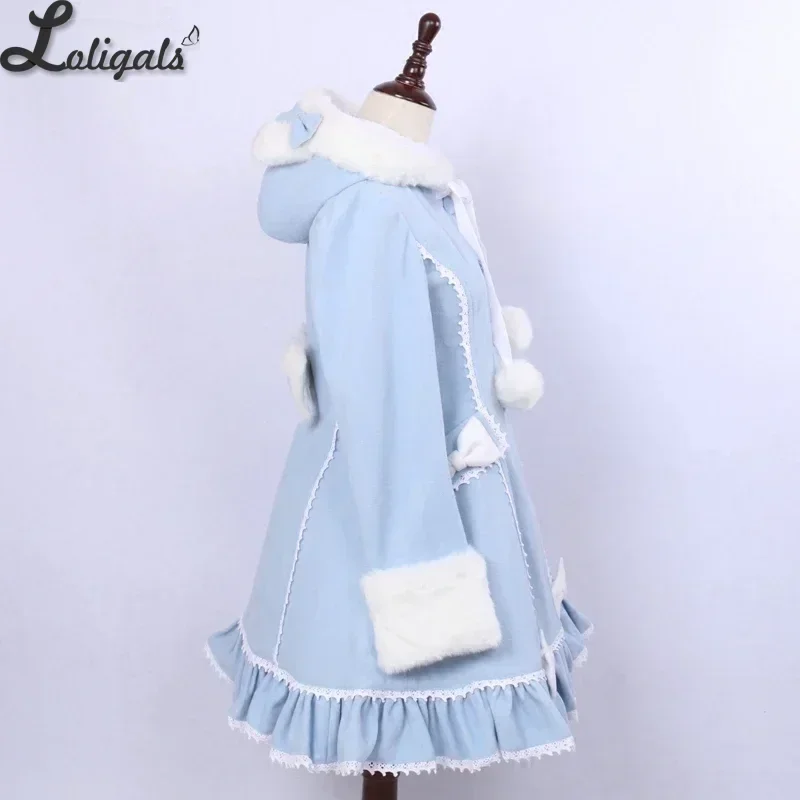 Women\'s Winter Single Breasted Coat Lovely Cat Ear Lolita Hooded Light Blue Warm Long Coat