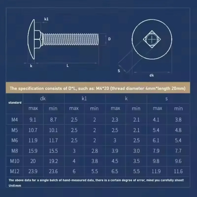 M6 M8 M10 M12 316 Stainless Steel Big Head Carriage Bolt Round Head Square Neck Screw