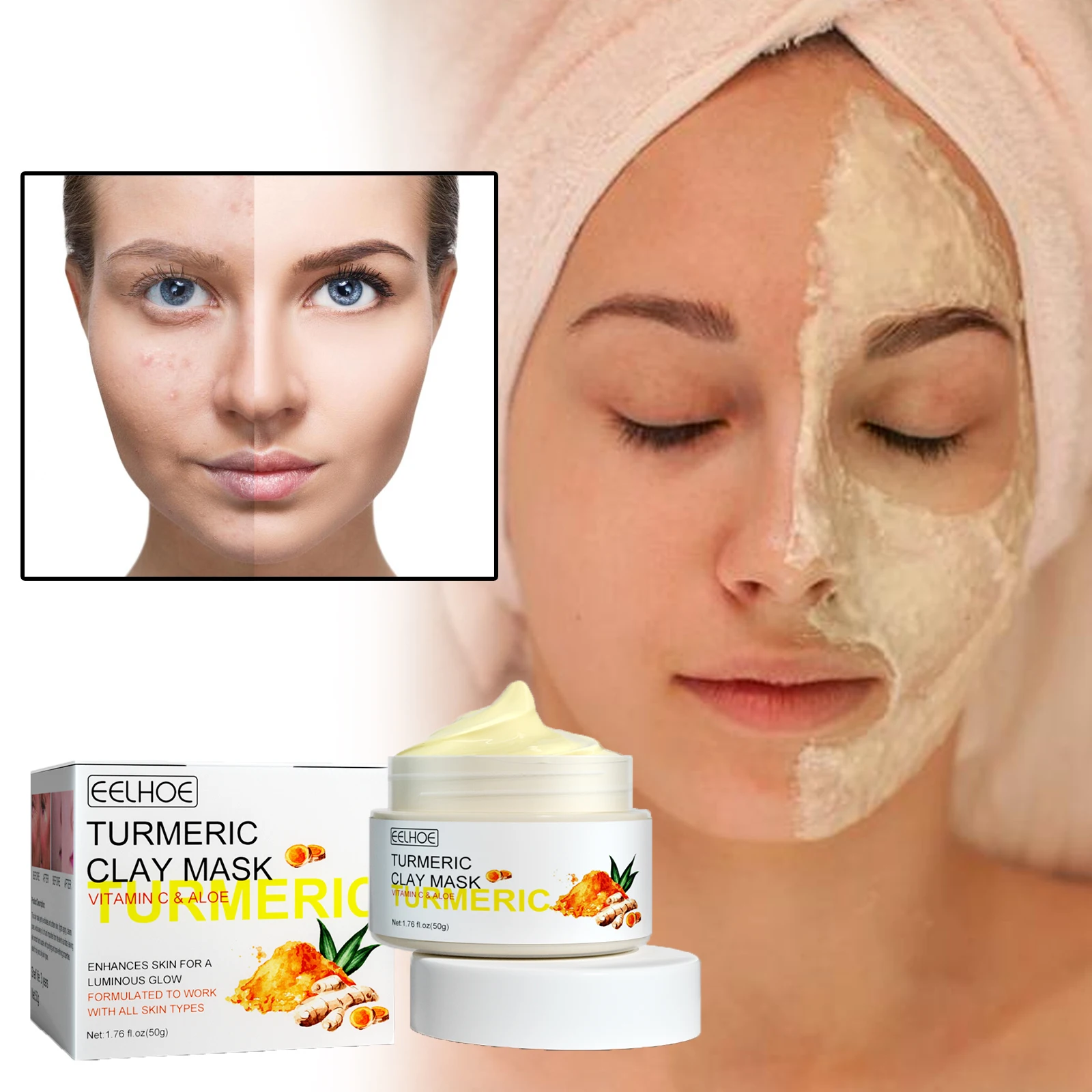 EELHOE Turmeric Mud Mask Cleansing Pores Acne Blackheads Acne Hydration Moisturizing Brightening Oil Control Whitening