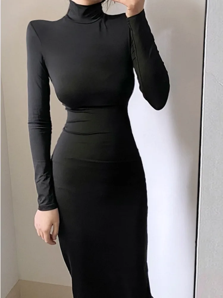 WOMENGAGA 2022 New Autumn Winter Black Long Maxi Dress Slim Skinny Stand Collar Sexy Long Dresses Korean Women Slim Top ZNF9