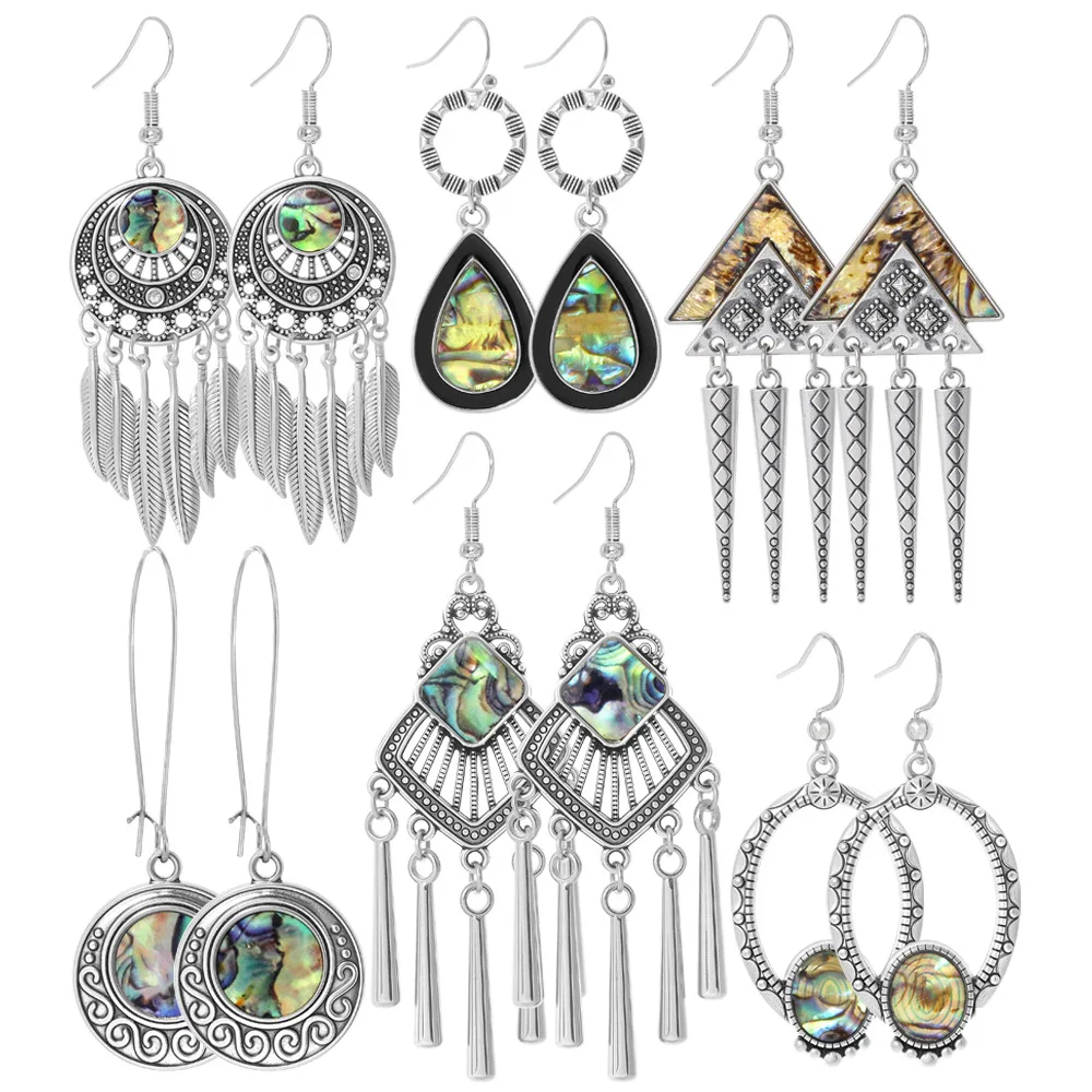 Vintage Abalone-Muschel Legierung Quasten-Ohrringe Statement-Schmuck Damen Ethnische Silberfarbene Geometrische Dreieck-Runde Ohrringe Geschenk