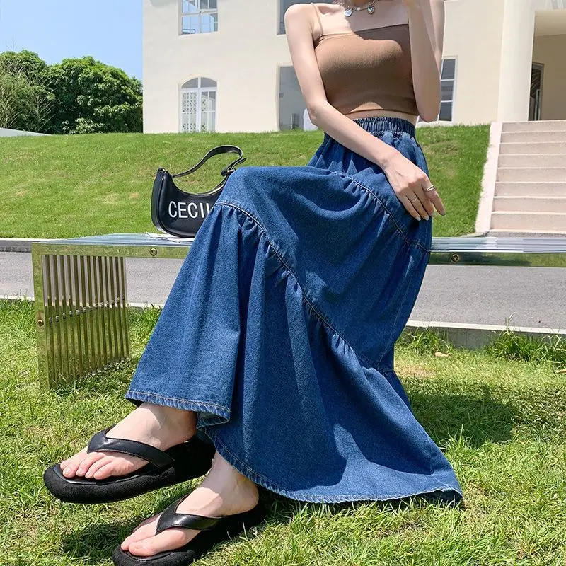 Oversized Retro Denim Skirt Half-length Skirt For Women 2024 New Autumn Ball Gown Loose High-waisted Floor-length Skirts