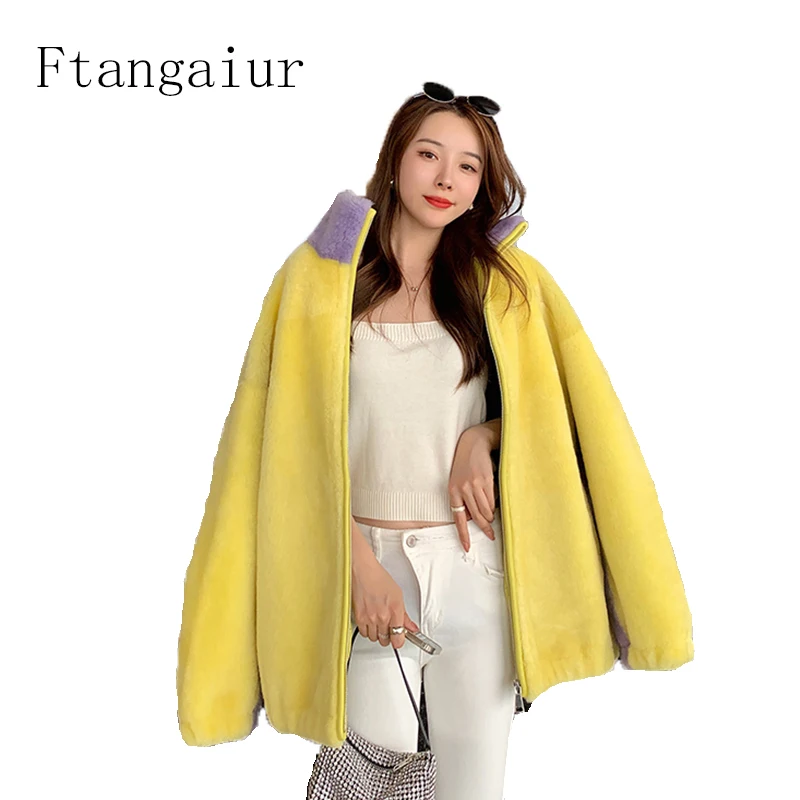 

Ftangaiur Imported Wool Leather Coat Loose Mandarin Collar Full Sleeve Women Real Natural Wool Fur Coats