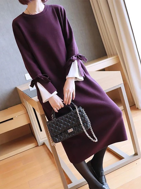 Robe pull deux pieces violette pour femme faux patchwork optique chaud coreen elegant et azole automne hiver 2024 AliExpress