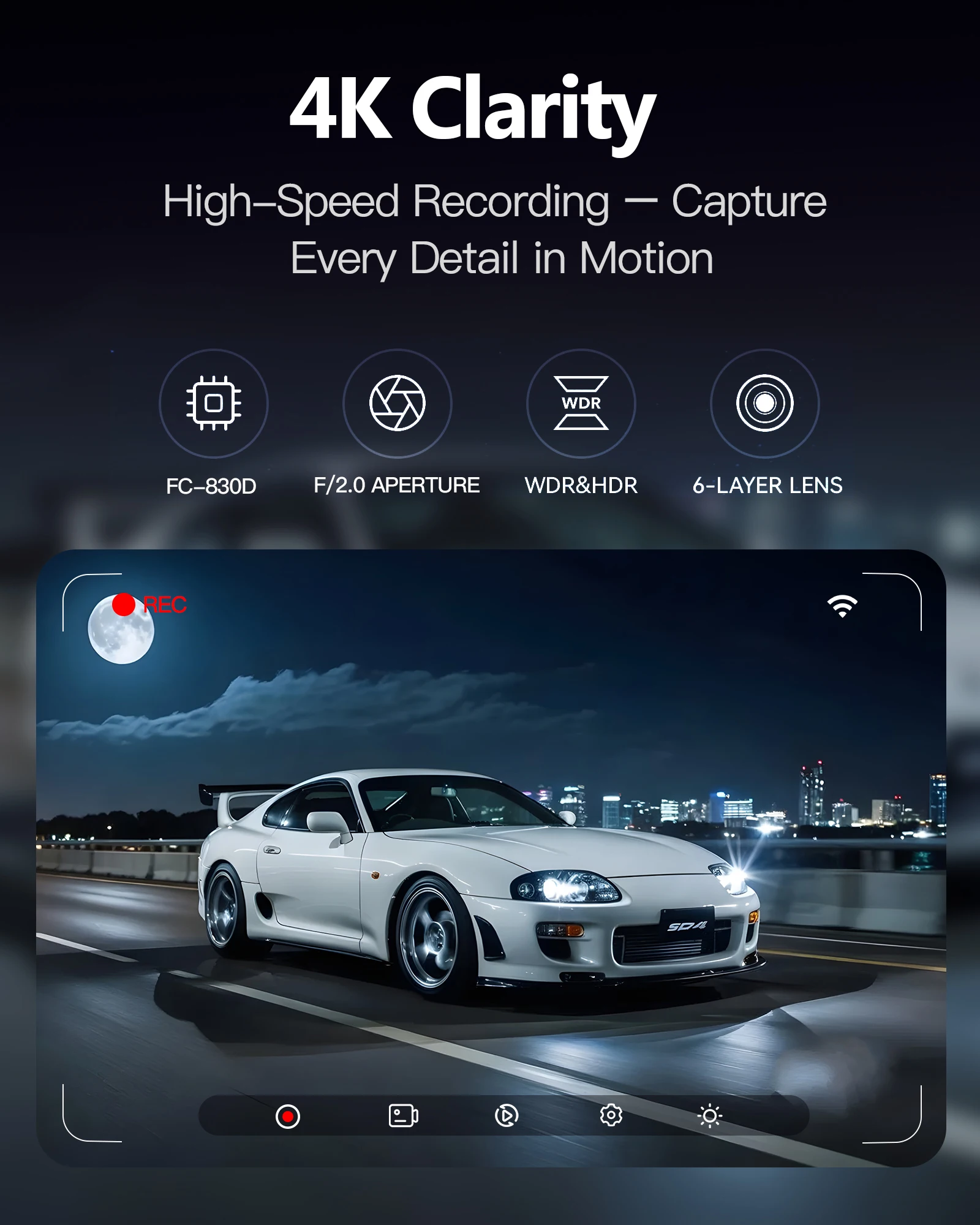 Gravity Sensing, Built-in WiFi Upgrade, 4k Dual Channel Driving Recorder