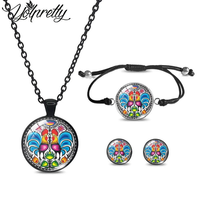 2023 New Arrival Polish Folk Flowers Art Black Necklace Rope Bracelet Stud Earrings Sets Glass Cabochon Jewelry Sets for Women