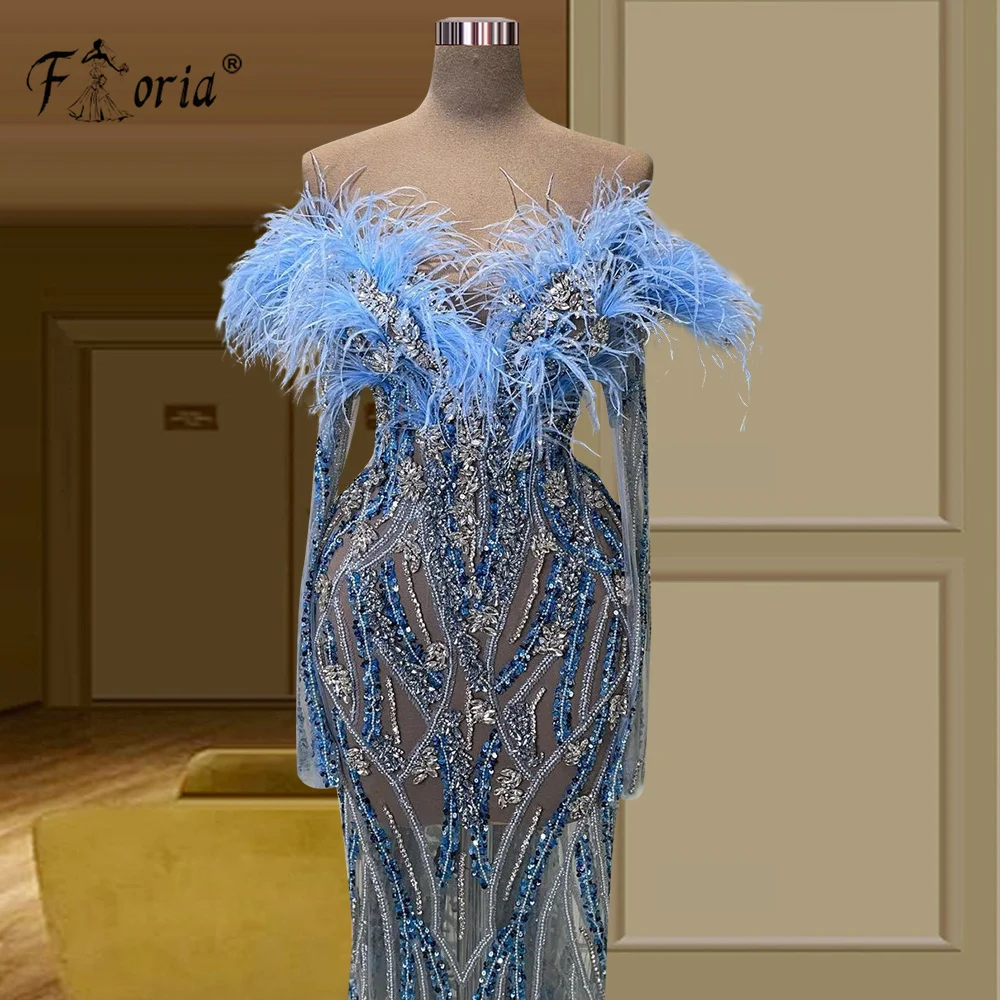 Robe de Soirée de Forme Sirène à Manches sulfBleu, Tenue Éducative de Luxe avec Plumes et Perles, Style Dubaï, ixSpéciale de Célébrité, Quelle que soit la 2023