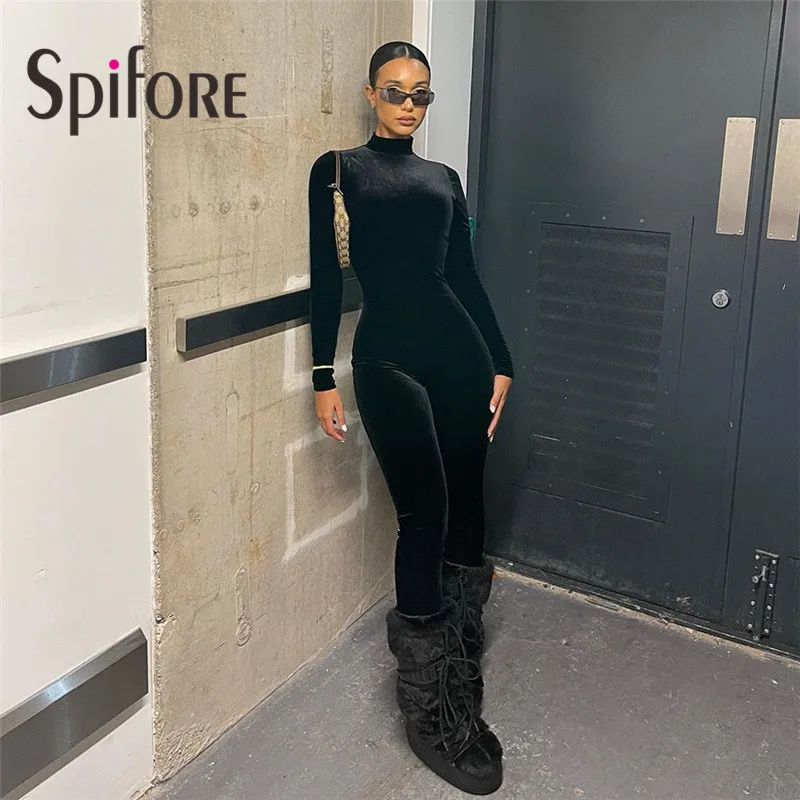 

Spifore Long Sleeve Turtleneck Bodycon Women Jumpsuits Black One Piece High Waist Velvet Rompers Fashion Solid Color Overalls