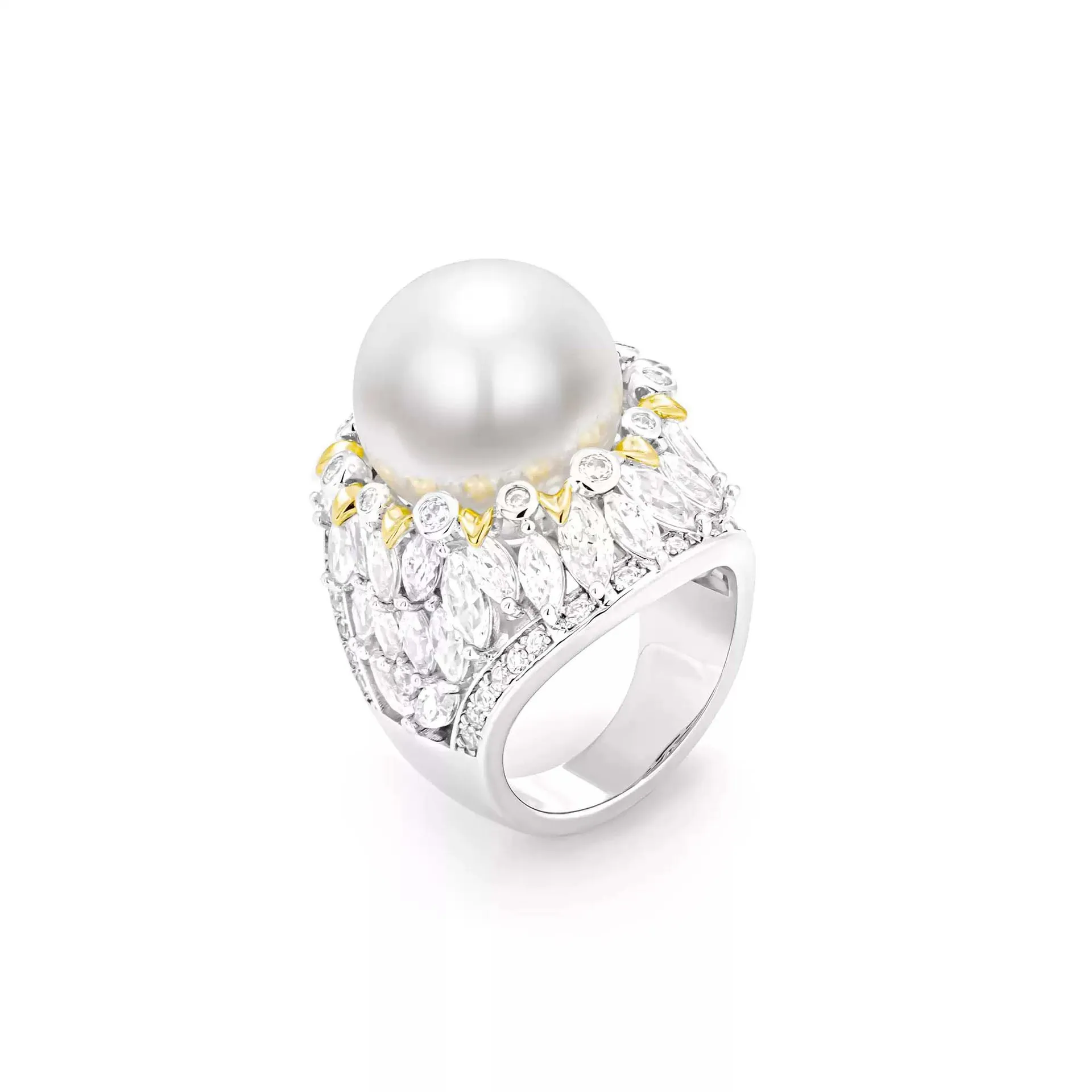 Vintage Floral 925 Sterling Silver Gold Plated Ring 15mm Venus White South Sea Pearl Cubic Zirconia Fine Jewelry Banquet Gift
