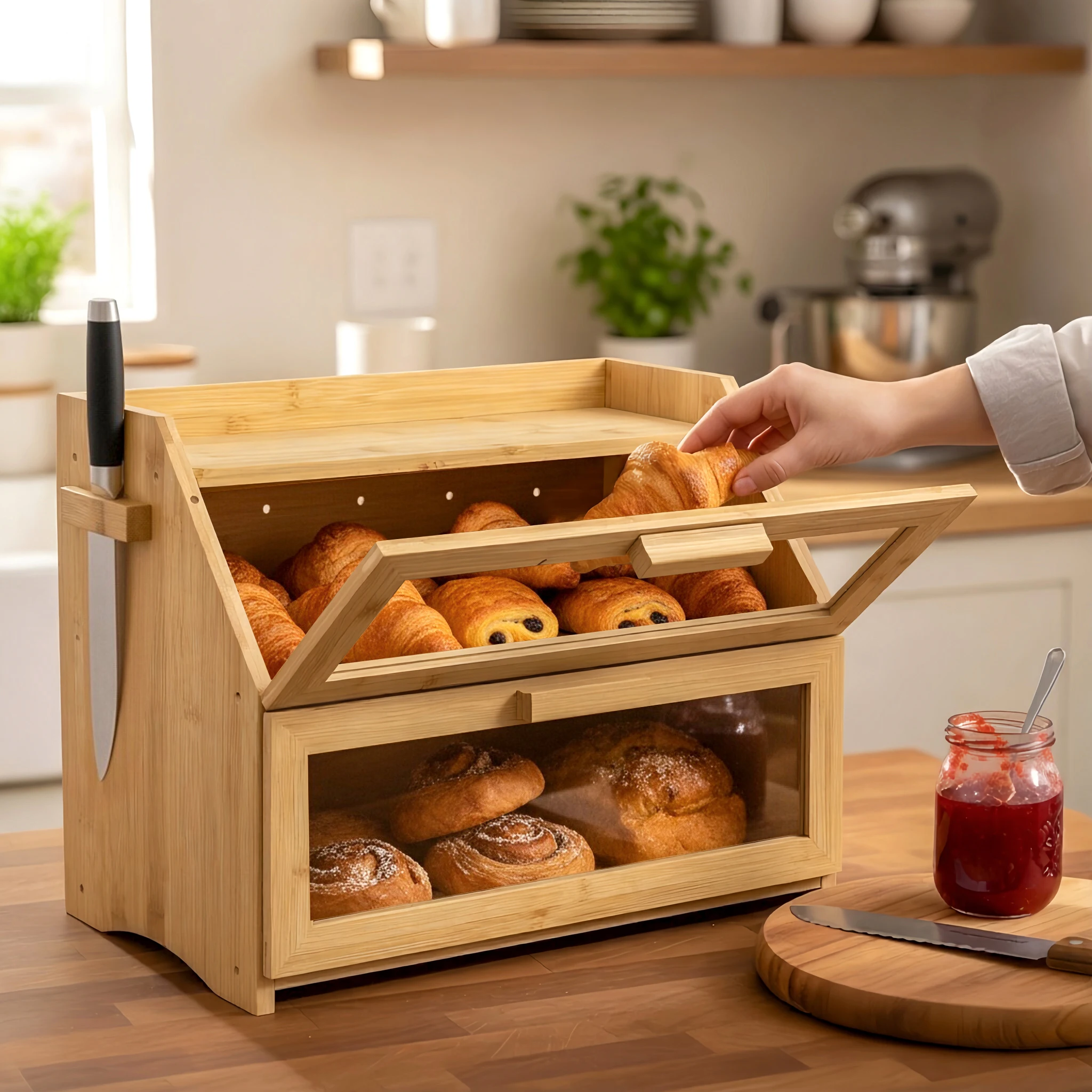Bambus Brotkasten mit Belüftung,Großer Brotbox, 2 Etagen und Sichtfenster Brotbehälter Brotkorb