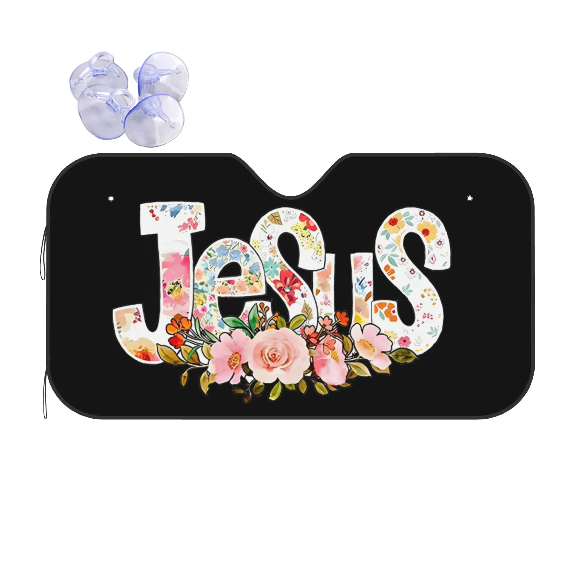 1pc Floral Jesus Lettering Premium Car Sunshade Universal UV Scratch Resistant Windshield Protector with Cooling Effect