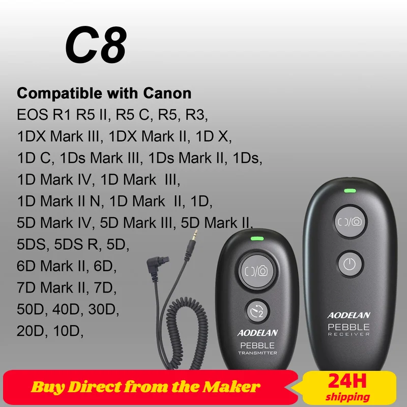 

AODELAN Wireless Camera Shutter Release Remote Control For Canon EOS R3, R5C, R5, 1DX III, 6DII,6D,7DII,50D,40D,30D,20D,10D