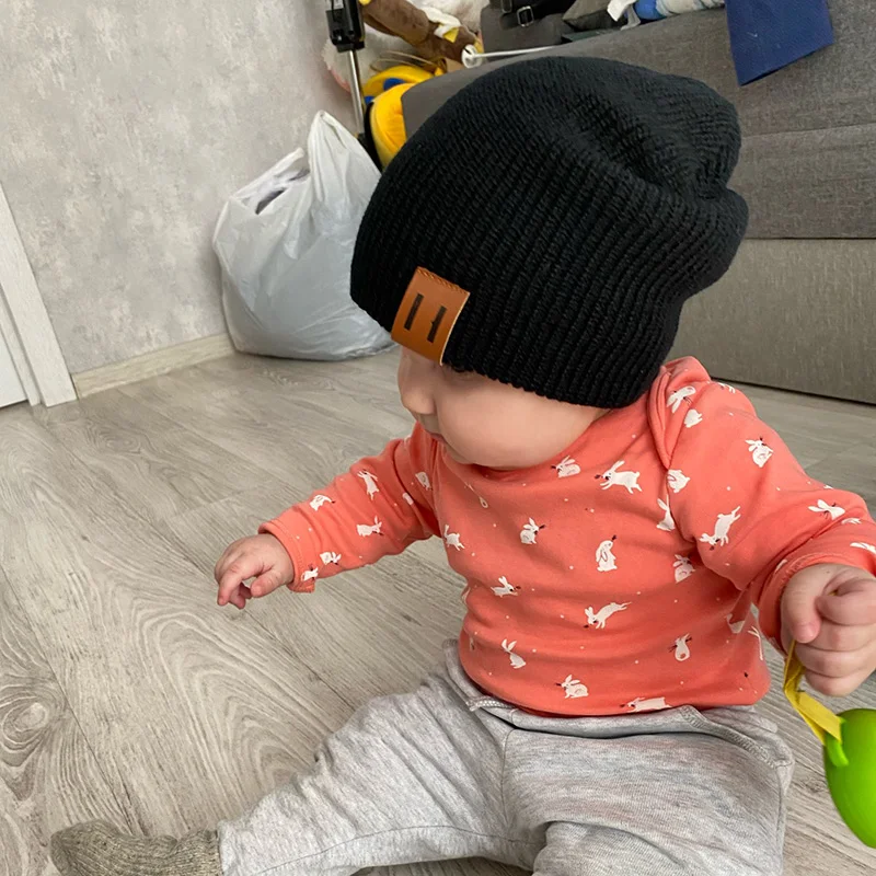 Autumn Winter Baby Knit Hat for Boys Girls Kids Beanie Adult Children Parent-Child Hats Warm Newborn Baby Cap with Leather Label