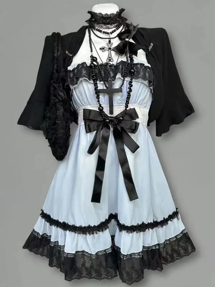 New Gothic Punk Fashion Cute 2 Piece Set Women Chic Bow Design Blue Dress + Black Cardigan Harajuku Vintage Casual Outfits 2026