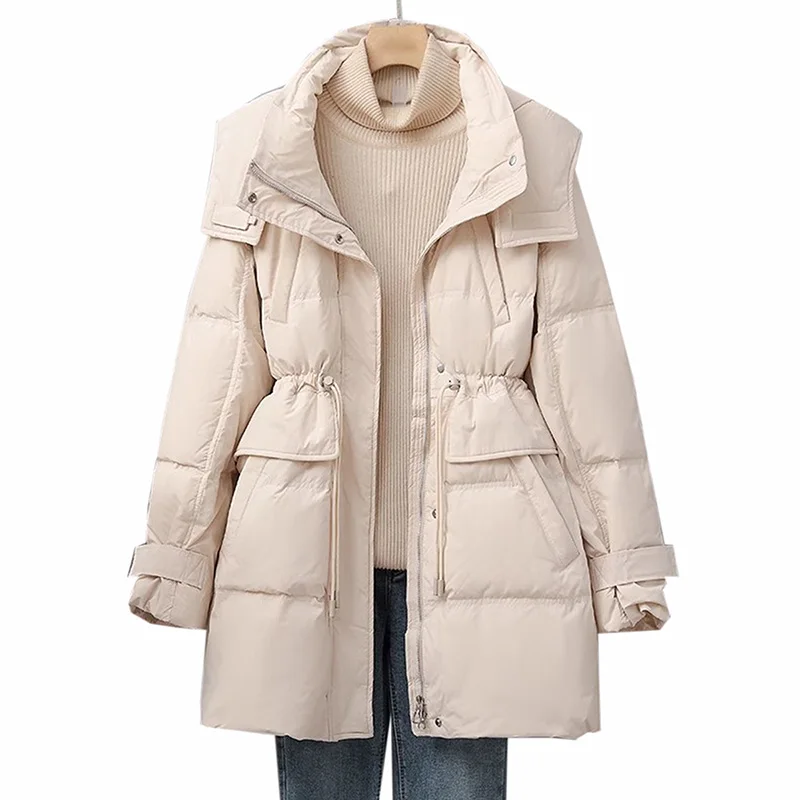 New Casual Women Down Jacket 2023 Autumn And Winter Long sleeved Warm Coats White Hooded Outwear