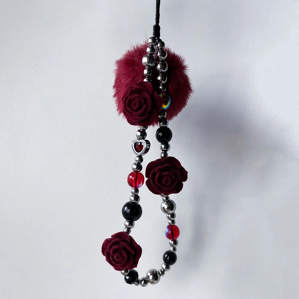 Wine Red Rose Flower Phone Charm Fur Ball Stainless Steel Beads Cellphone Strap Autumn Winter Wallet Camera Bag Decor Jewelry