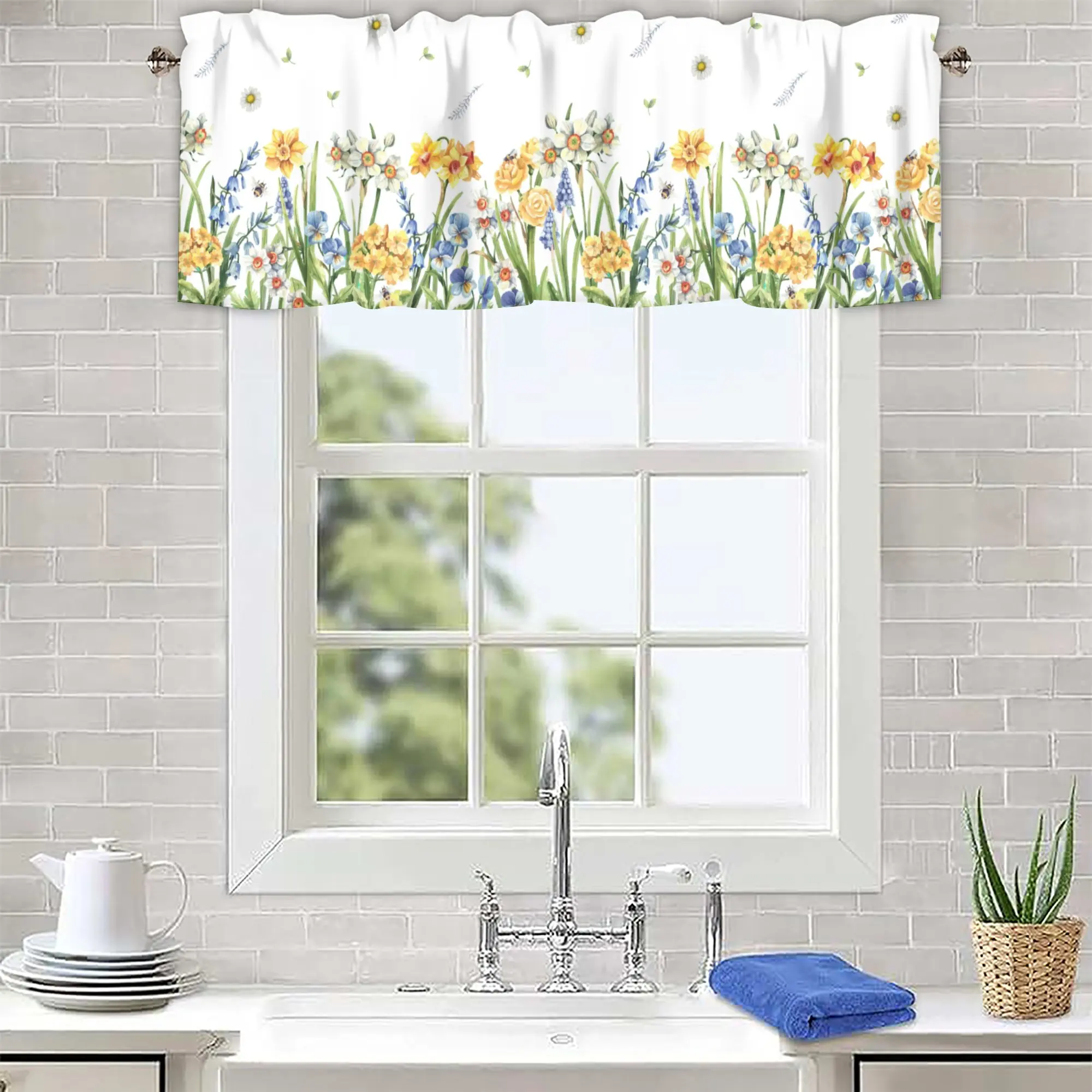 2 Pack Spring Floral Wildflowers Curtains Valances for Kitchen Windows,Short Curtain Valance for Living Room Curtain Over Sink